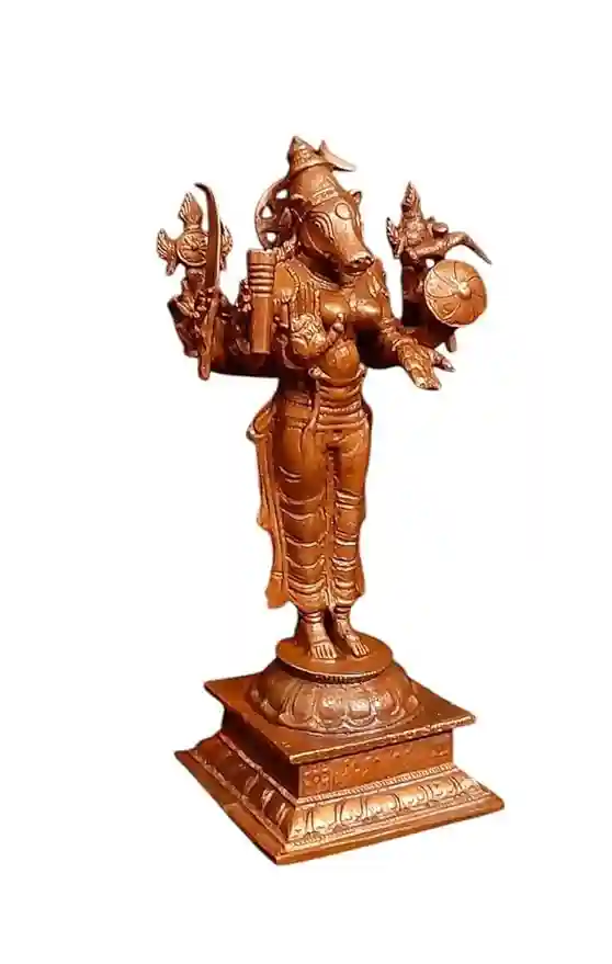 Copper Idols India, 4.7 inches, Handmade Goddess Varahi, 405 Gram, Patina Antique Finish