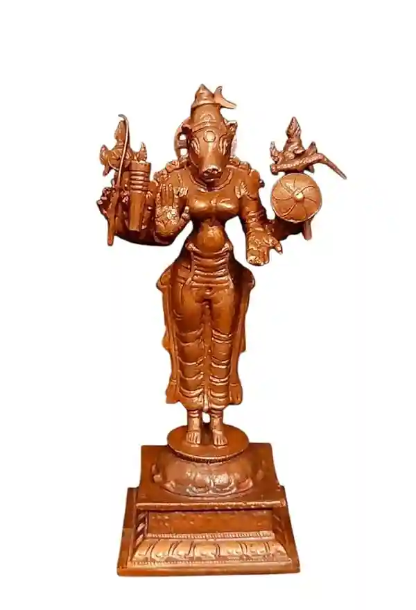 Copper Idols India, 4.7 inches, Handmade Goddess Varahi, 405 Gram, Patina Antique Finish