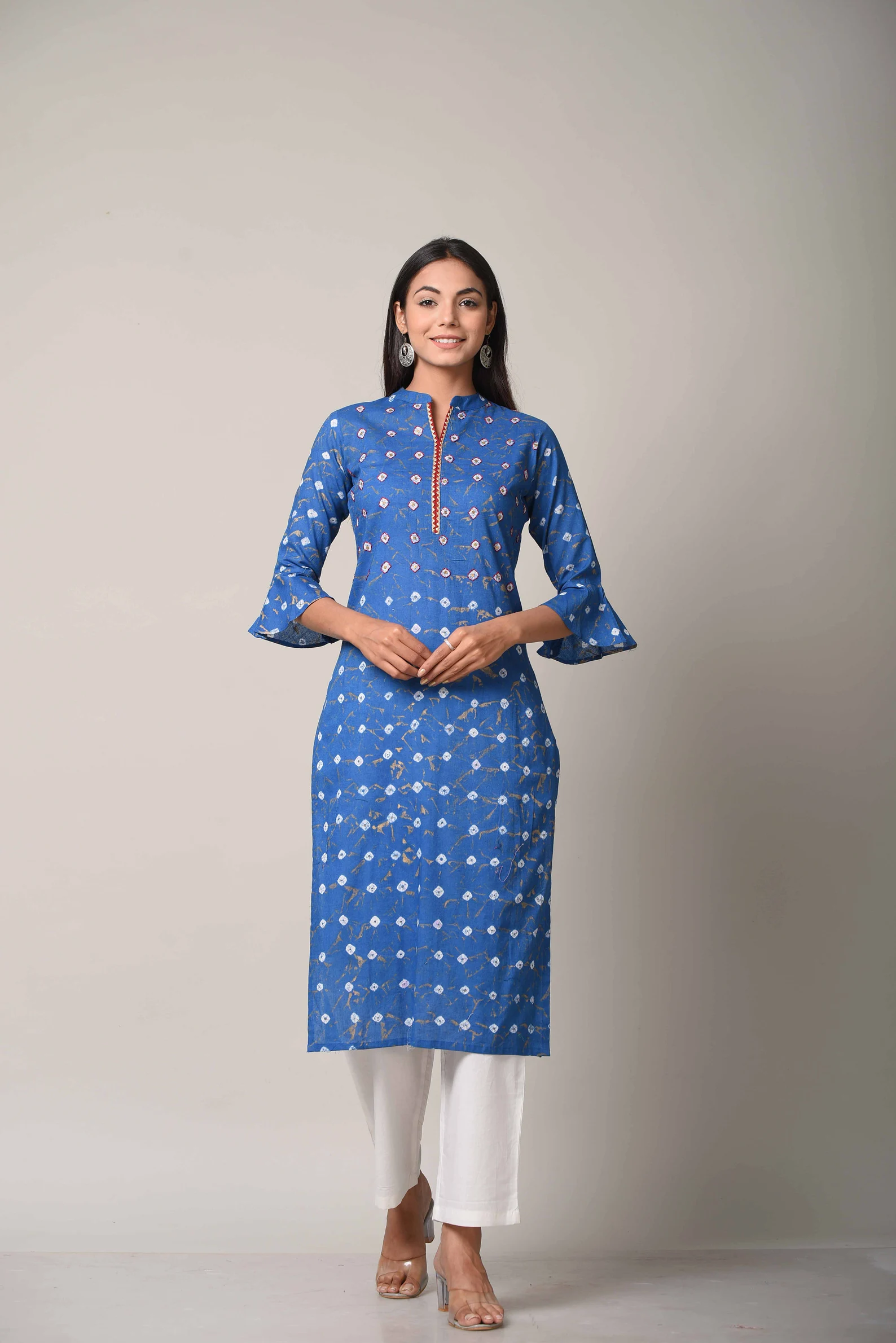 Blue Hand Block Printed Cotton Kurti Set: Embroidered Indian Kurta & Pant