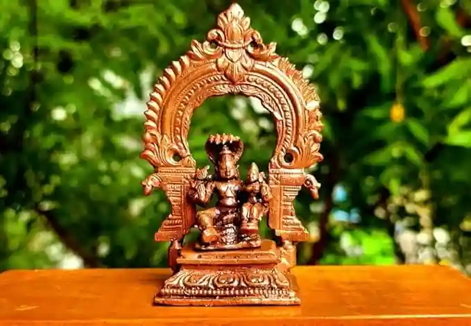 Copper Idols of god Srinivasa Perumal with Prabhavalli, 3.3 Inches, Patina Antique Finish