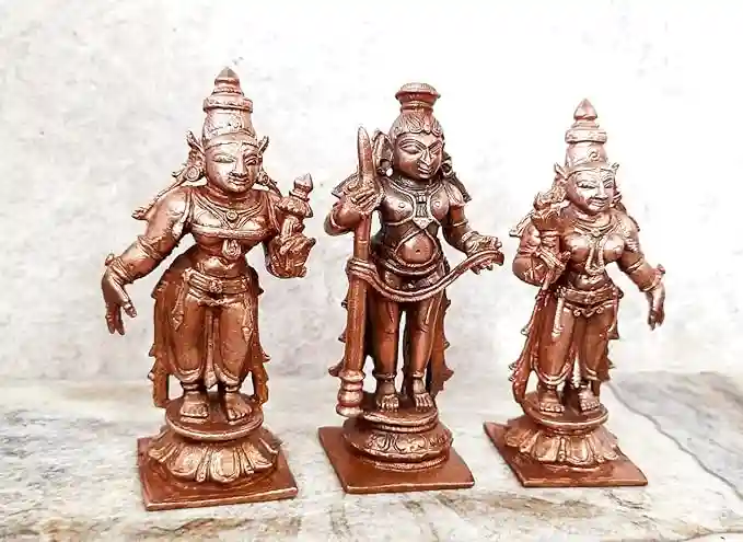 Copper Idols of god Udupi Krishna, 3.1 inches,420 Grams with Sridevi Bhudevi, Patina Antique Finish