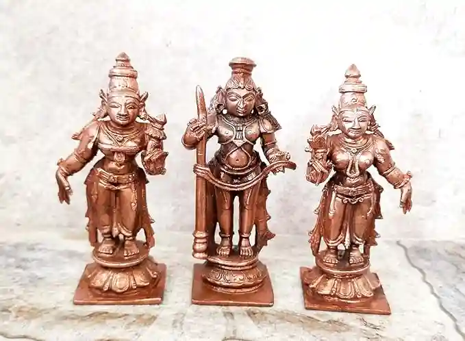 Copper Idols of god Udupi Krishna, 3.1 inches,420 Grams with Sridevi Bhudevi, Patina Antique Finish