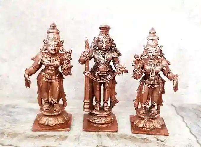 Copper Idols of god Udupi Krishna, 3.1 inches,420 Grams with Sridevi Bhudevi, Patina Antique Finish