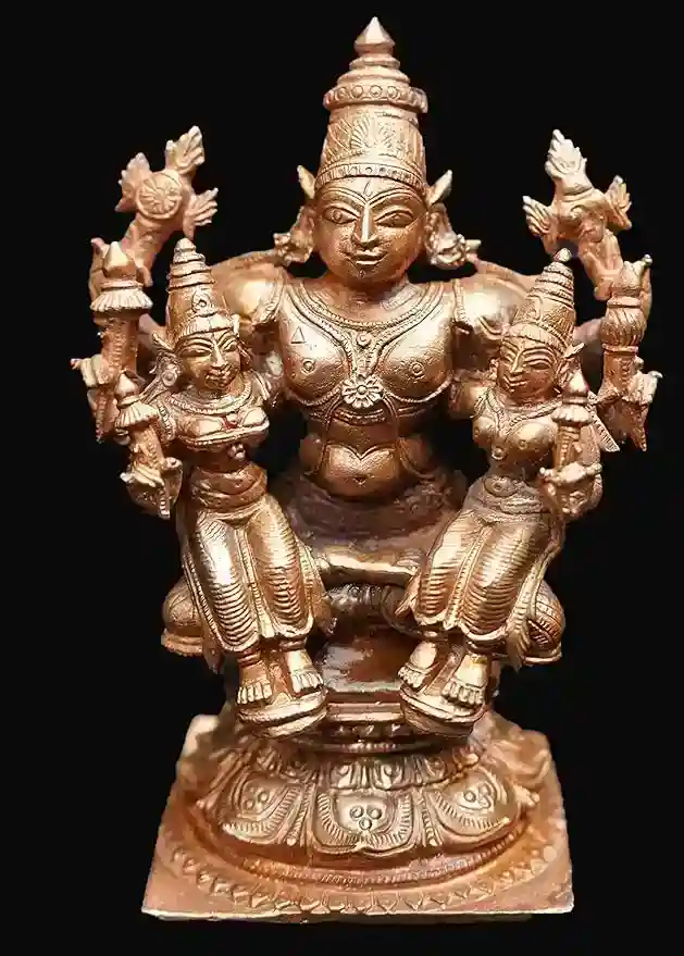 Copper Idols of god Srinivasa Perumal with Sridevi Bhudevi, 4.2 inches,805 gram