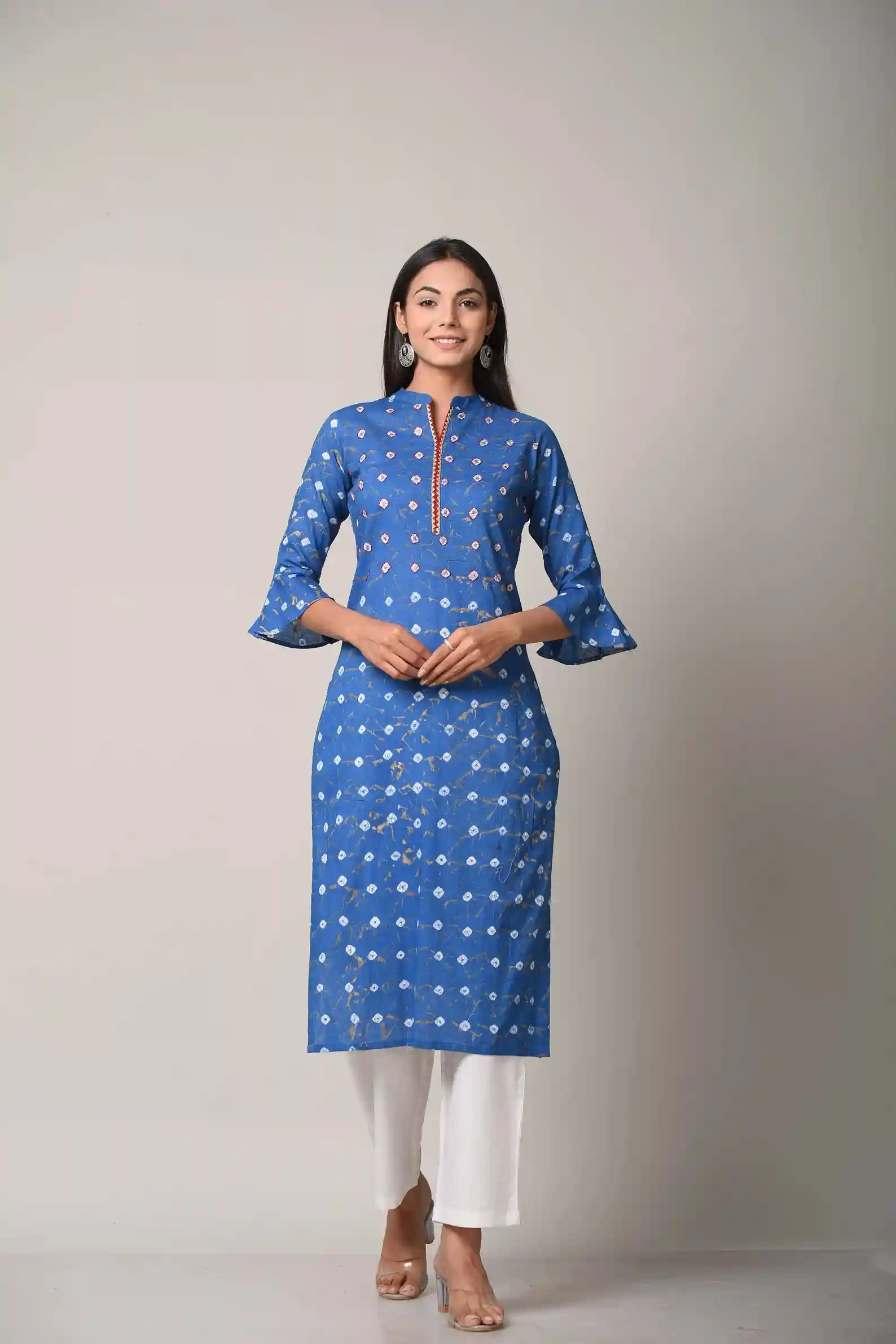Blue Hand Block Printed Cotton Kurti Set: Embroidered Indian Kurta & Pant