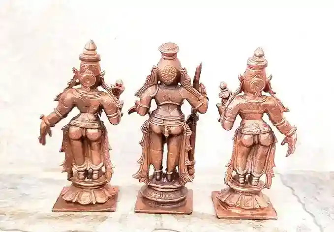 Copper Idols of god Udupi Krishna, 3.1 inches,420 Grams with Sridevi Bhudevi, Patina Antique Finish